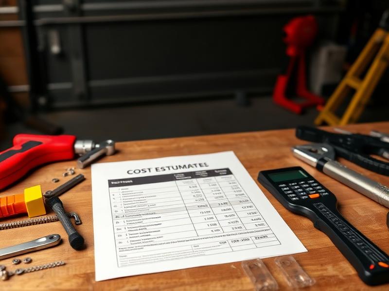 Cost estimate document with calculator and garage door repair tools