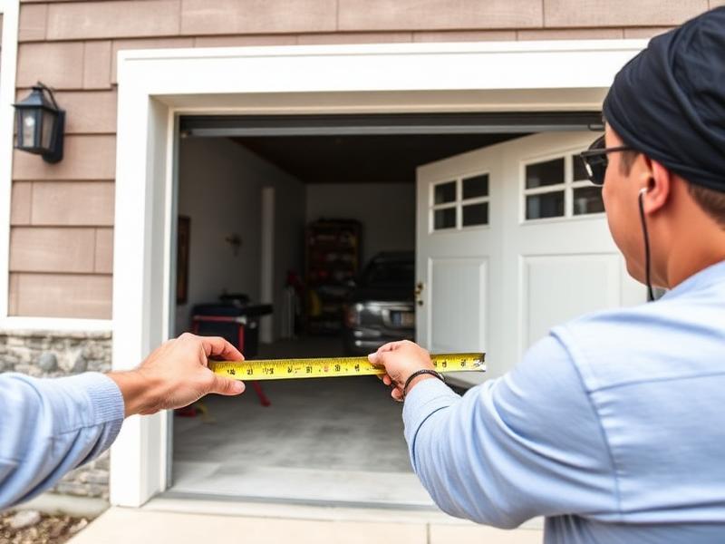 Person measuring garage door opening with tape measure