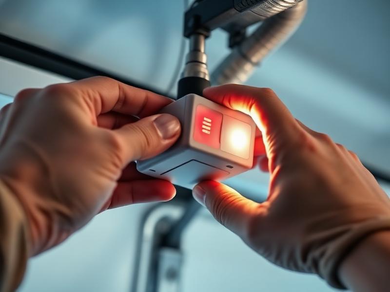 Garage door safety sensor being calibrated by technician hands