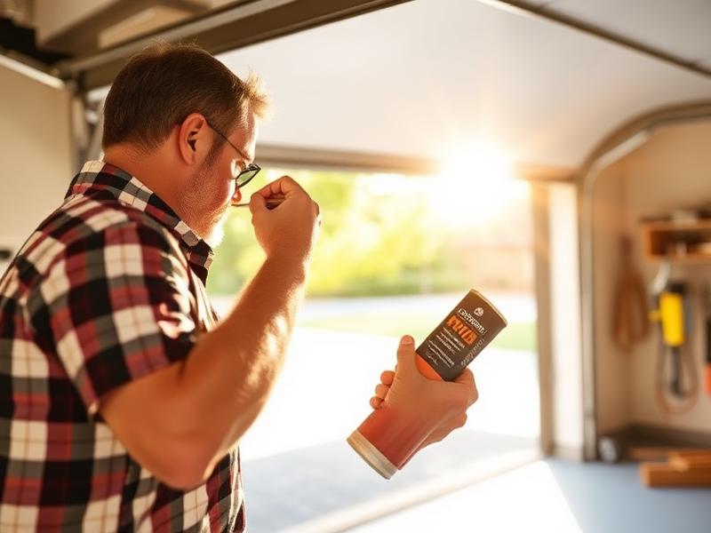 Homeowner performing summer garage door maintenance with lubricant
